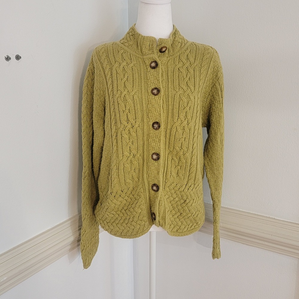 Vintage Talbots Cable Knit Cardigan Sweater Mock Neck Cotton Green Women's Large - Picture 2 of 10